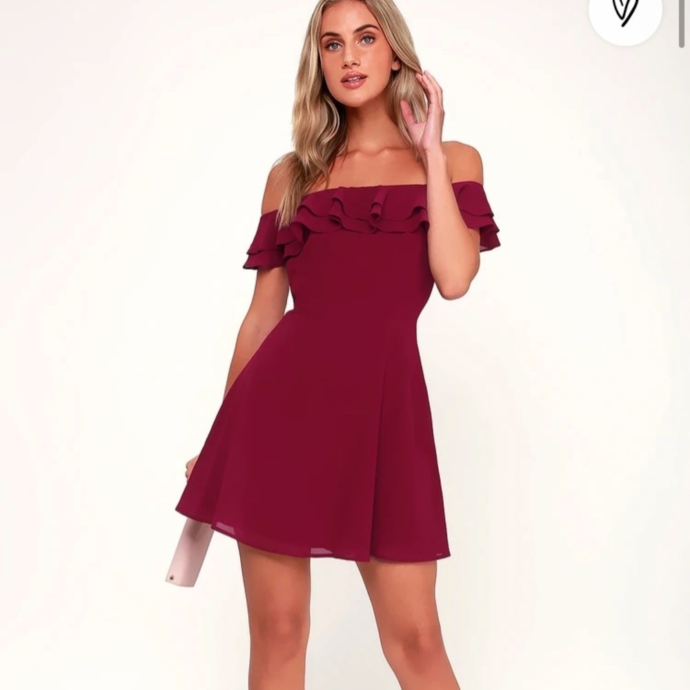 Lulus Win Your Heart Burgundy Ruffle Off-the-Shoulder Skater Dress size medium​​